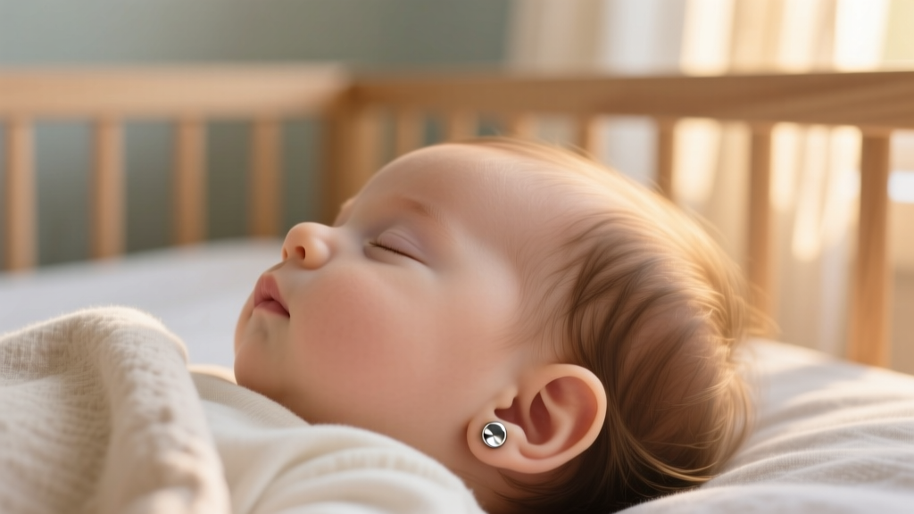 Close-up of a sleeping baby girl wearing a tiny implant-grade titanium stud earring on her earlobe in soft, warm nursery lighting