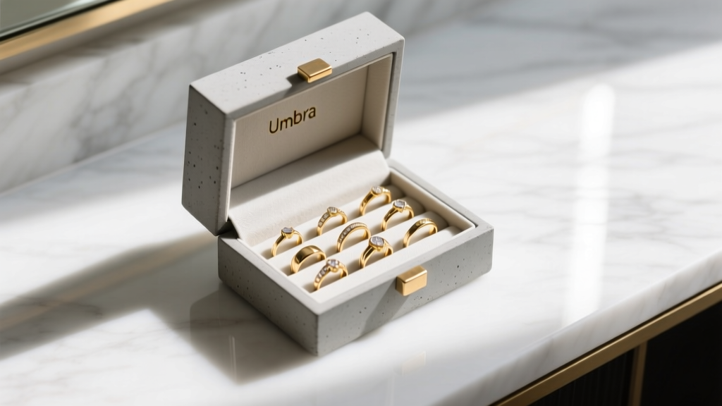 Top-down view of a concrete and brass Umbra Tesora jewelry box on a white marble vanity holding delicate gold rings
