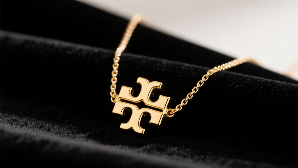 Tory Burch logo station necklace on black velvet, showing gold double-T enamel charm and fine cable chain under soft studio light.