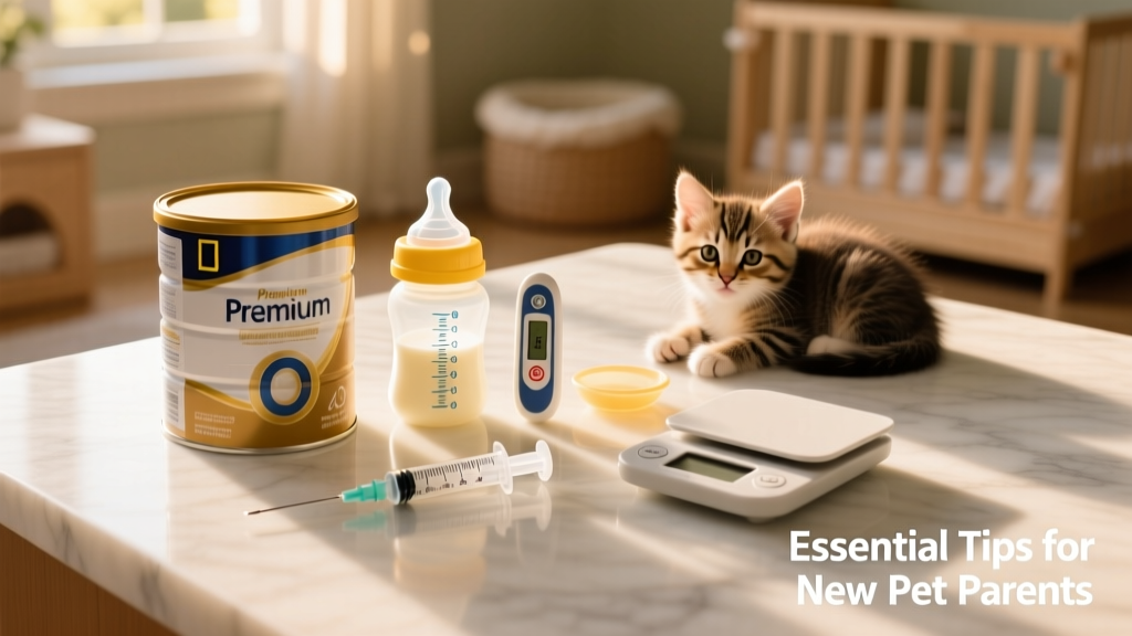 Organized setup of bottle-feeding supplies: formula powder, bottle kit, thermometer, syringe, and scale on a clean surface