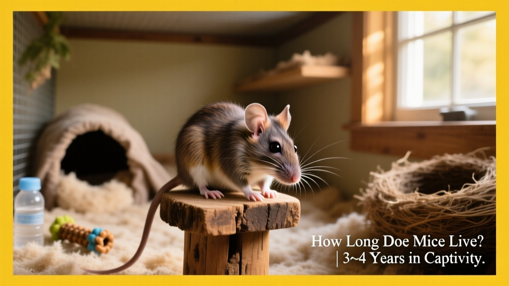 A senior mouse grooming itself on a wooden perch inside a spacious, well-equipped enclosure with tunnels and nesting material