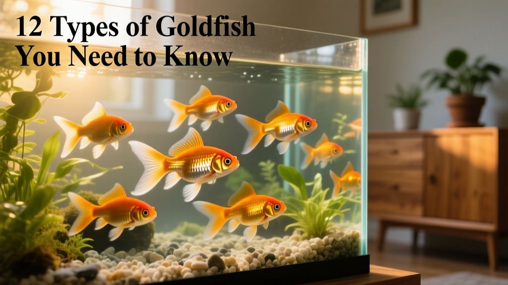 A vibrant school of common and comet goldfish swimming in a well-planted freshwater aquarium