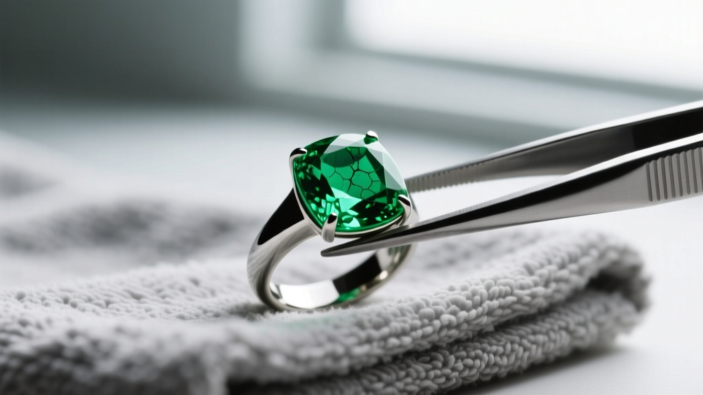 Macro shot of a green emerald ring with inclusions, held by tweezers over a gray microfiber towel in bright natural light
