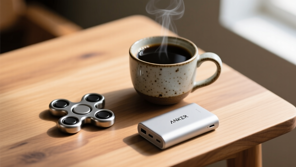 Titanium fidget toy and compact Anker power bank resting next to a ceramic cup of black coffee on a wooden table
