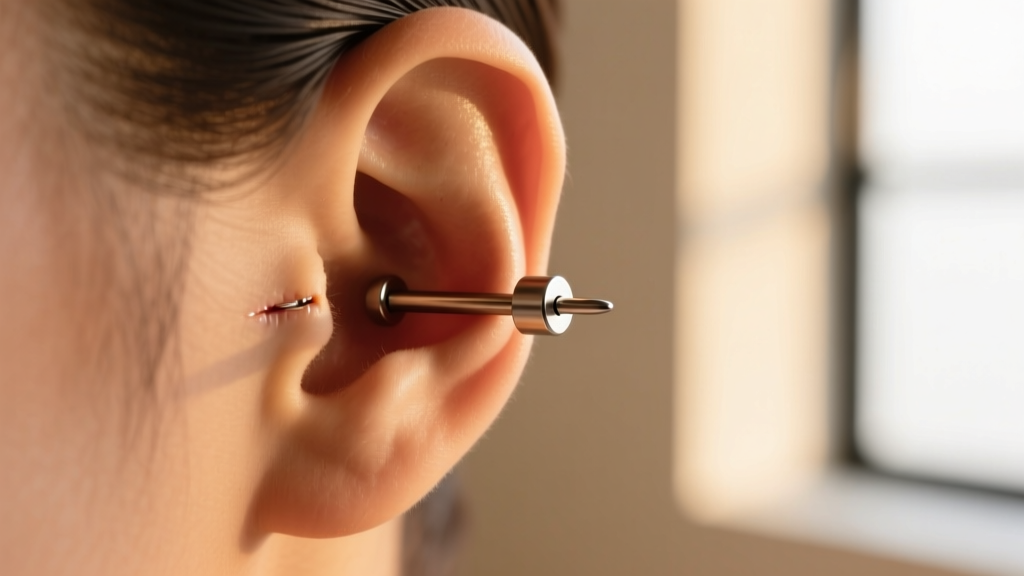 A 16-gauge titanium flat-back labret in a healed helix piercing, shown against a softly blurred, warm-toned studio background.