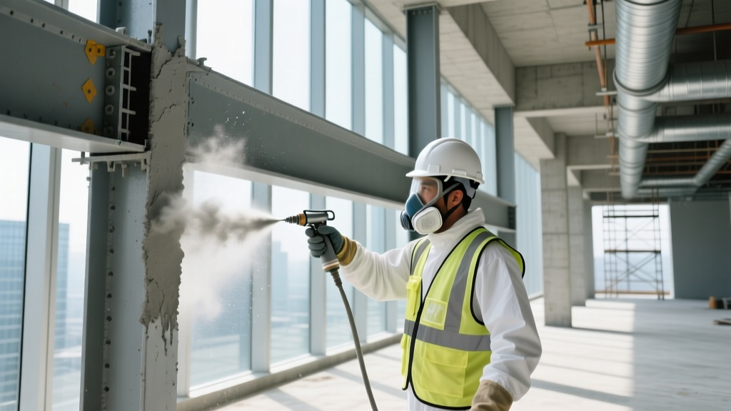 Worker in PPE spraying gray cementitious fireproofing onto exposed structural steel I-beams inside a modern high-rise commercial building