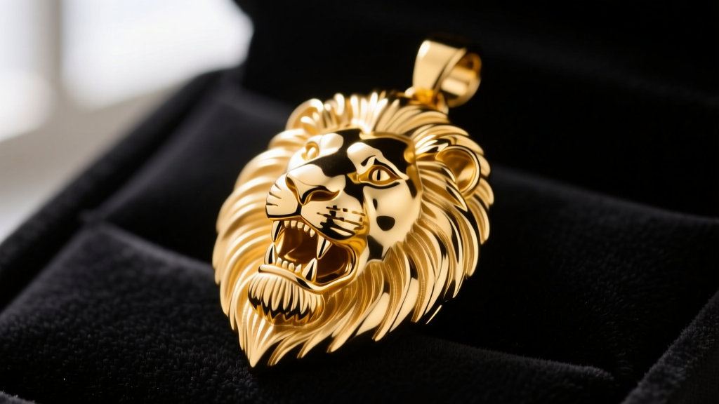 Macro shot of a 3D cast 14k yellow gold lion head pendant showing intricate mane textures and polished teeth against black velvet