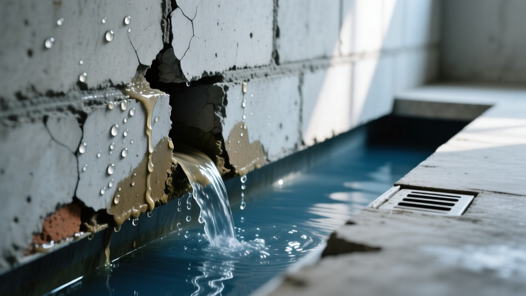 Hydrostatic water penetrating a concrete block foundation wall through failing mortar joints and entering an interior perimeter drain system