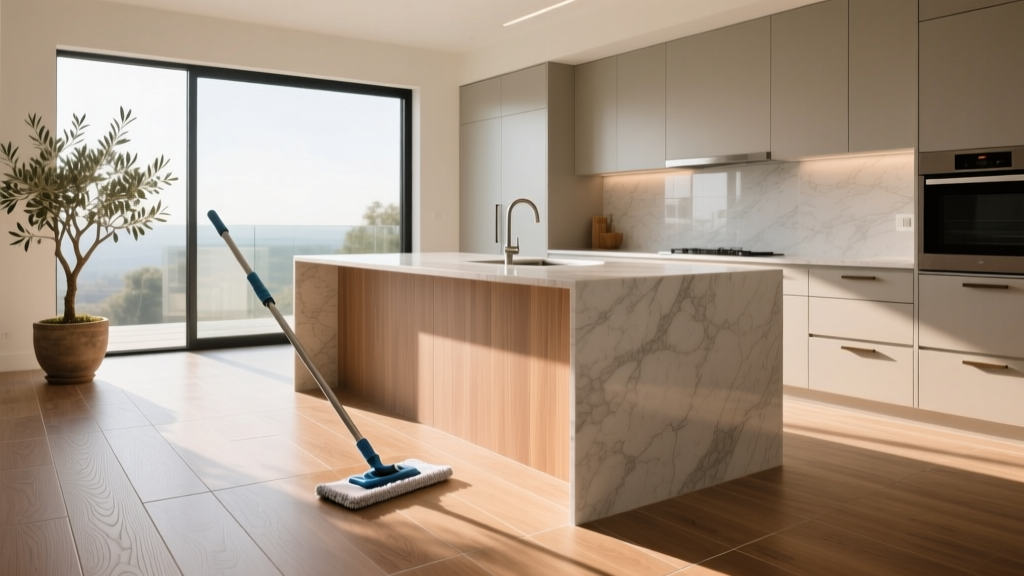 Modern kitchen with large-format porcelain wood-look tiles being cleaned by a flat microfiber mop near a quartz kitchen island