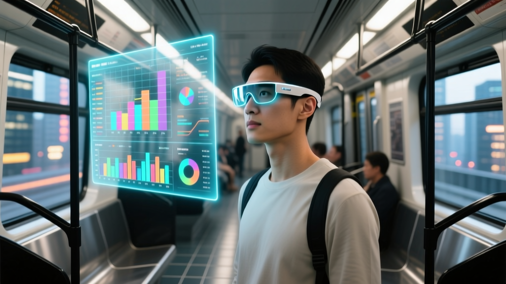 Commuter wearing lightweight AR smart glasses connected to a phone, viewing a massive virtual spreadsheet on a modern subway train.