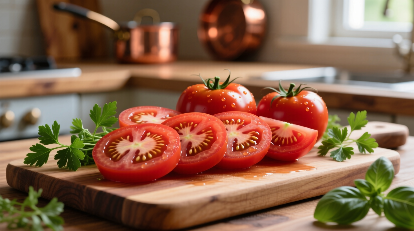 Sliced beefsteak tomatoes on cutting board