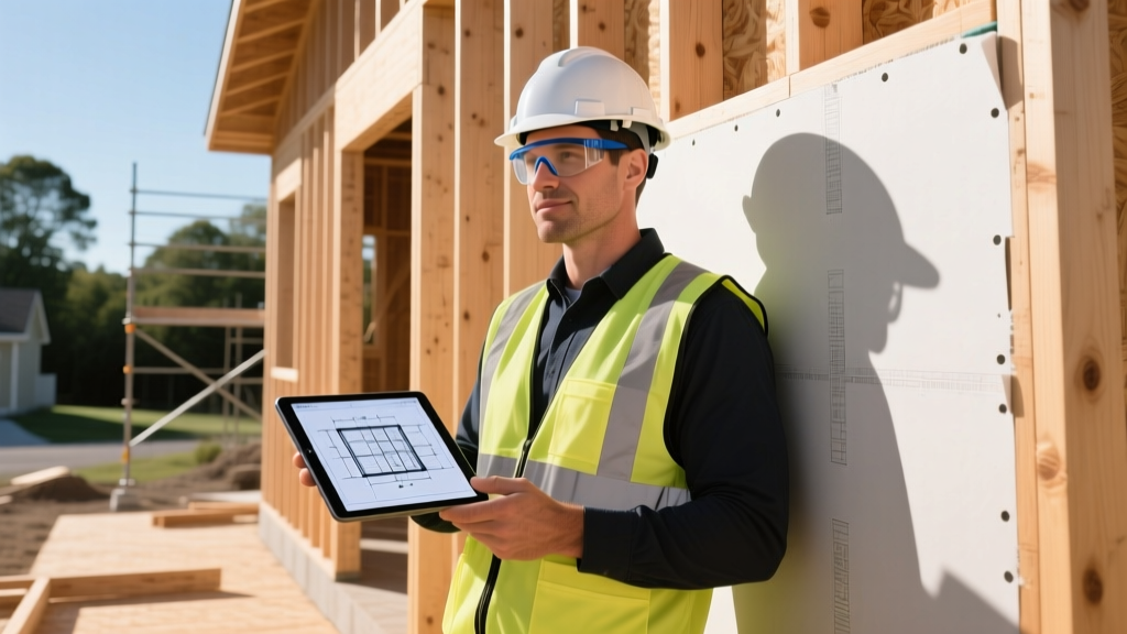 Homeowner in safety gear framing a wooden house wall while reviewing blueprints on a tablet at a sunny residential build site