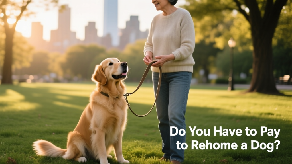 A calm, friendly dog sitting beside a person holding a leash, symbolizing responsible rehoming