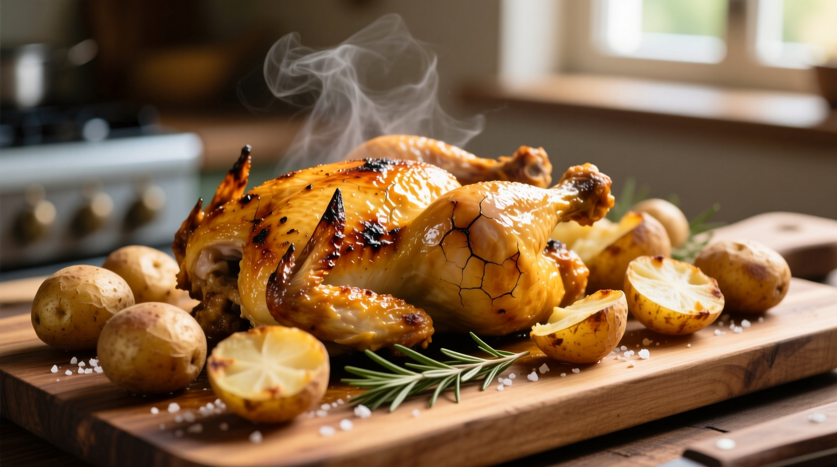 Golden roasted chicken thighs with crispy potatoes