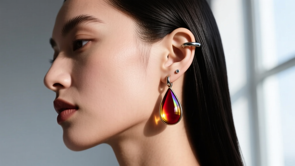 Side profile of a model wearing a 16-gauge titanium helix cuff featuring a teardrop red and gold dichroic glass fused inlay