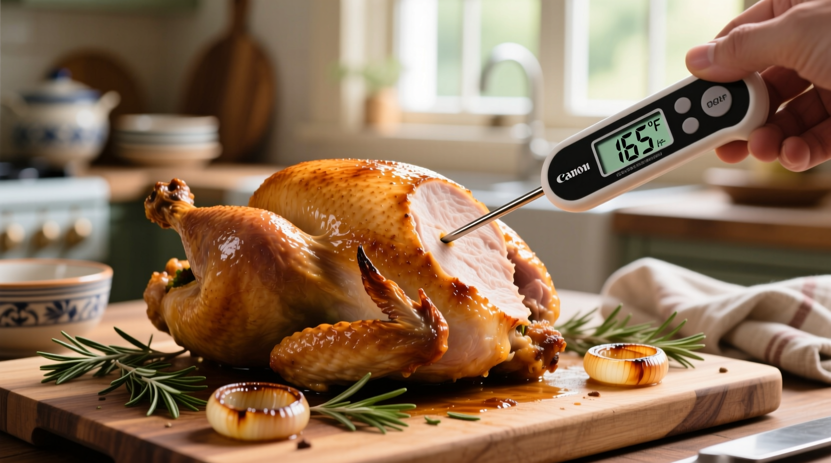 Food thermometer measuring turkey breast temperature