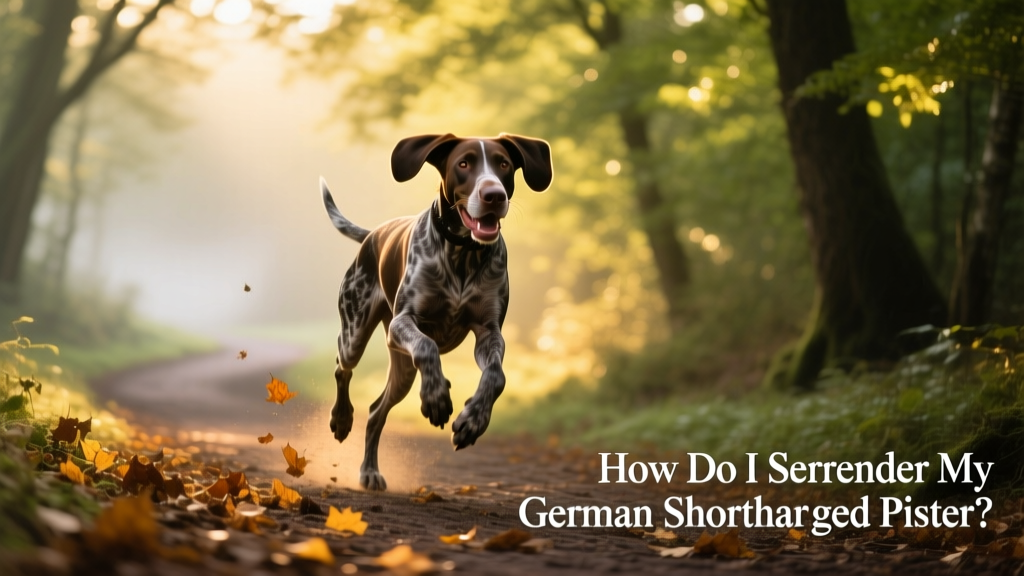 A happy, energetic German Shorthaired Pointer mid-run in a sunlit forest trail