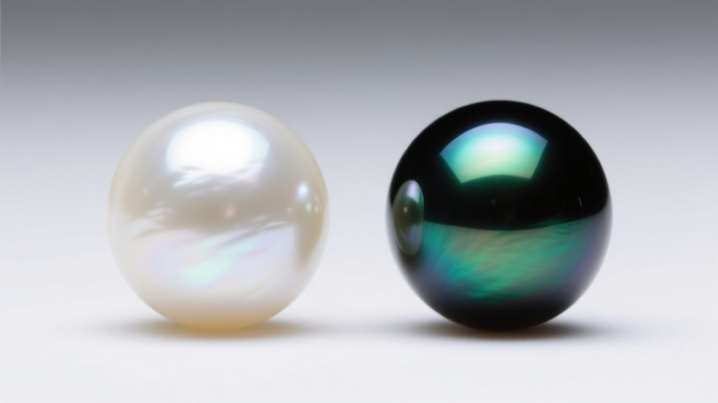 Macro comparison of a chalky white freshwater pearl and a high-luster Tahitian black pearl showing vivid peacock green overtones