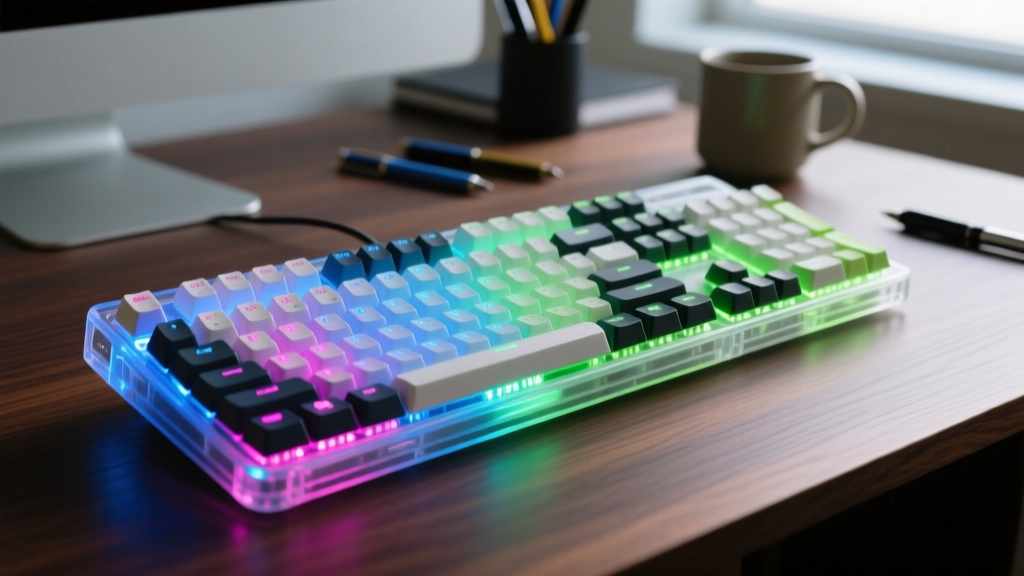Close-up of custom mechanical keyboard with translucent polycarbonate case and glowing RGB underglow resting on dark walnut desk setup