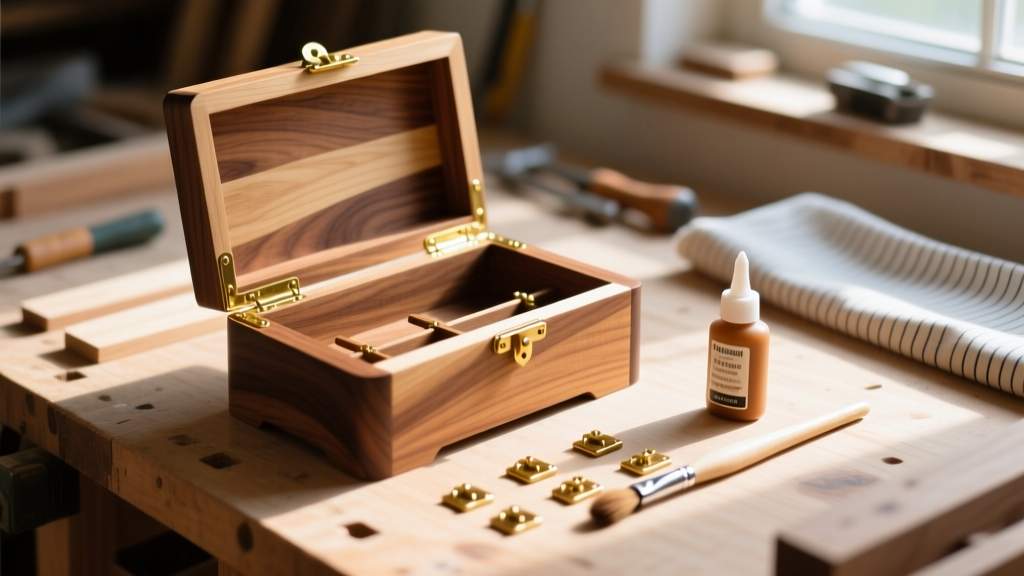 Overhead view of a partially assembled walnut and maple diy jewelry box on a workbench, with brass hinges and wood glue nearby