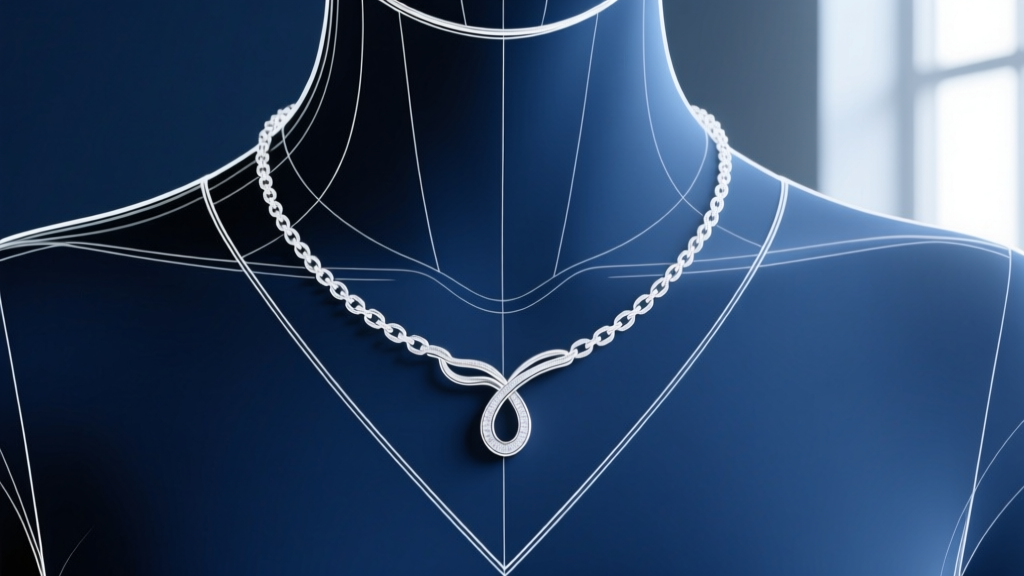Technical sketch of an 18-inch necklace drop intersecting a V-neck collar, drawn with white lines on a dark blue background.