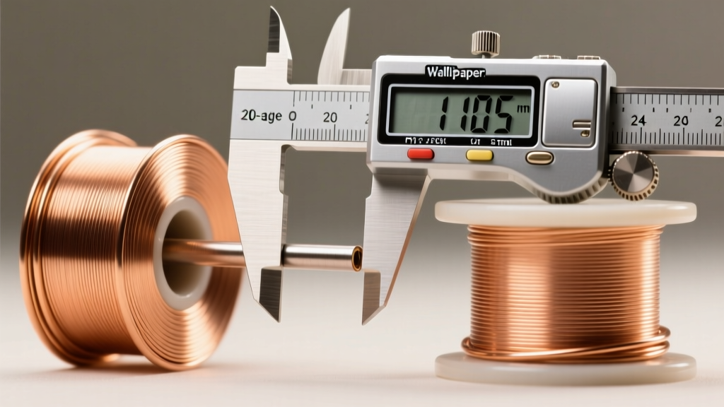 Macro shot of 20-gauge and 24-gauge copper wire spools side-by-side with a digital caliper measuring the exact metal thickness