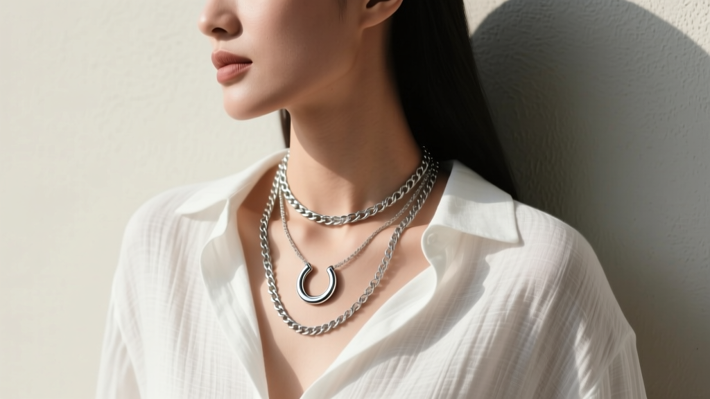 Woman wearing layered silver chains with an 18-inch horseshoe pendant and a 22-inch chain over a crisp white linen shirt.
