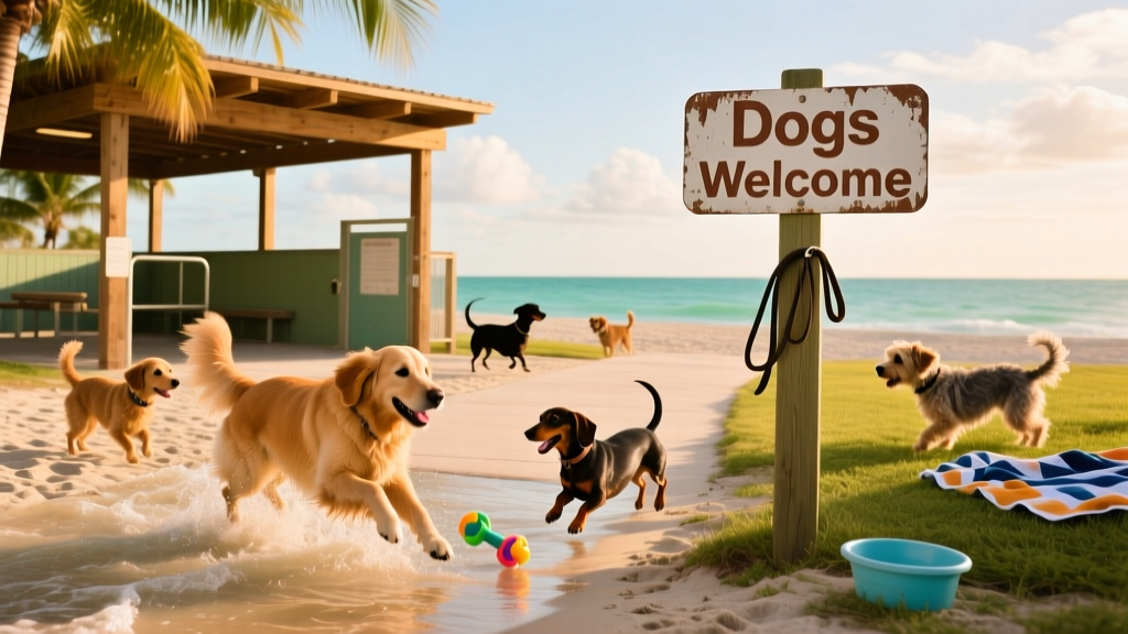 Haulover Beach dog area with clear signage, sandy shoreline, and dogs playing near a shaded dog park entrance