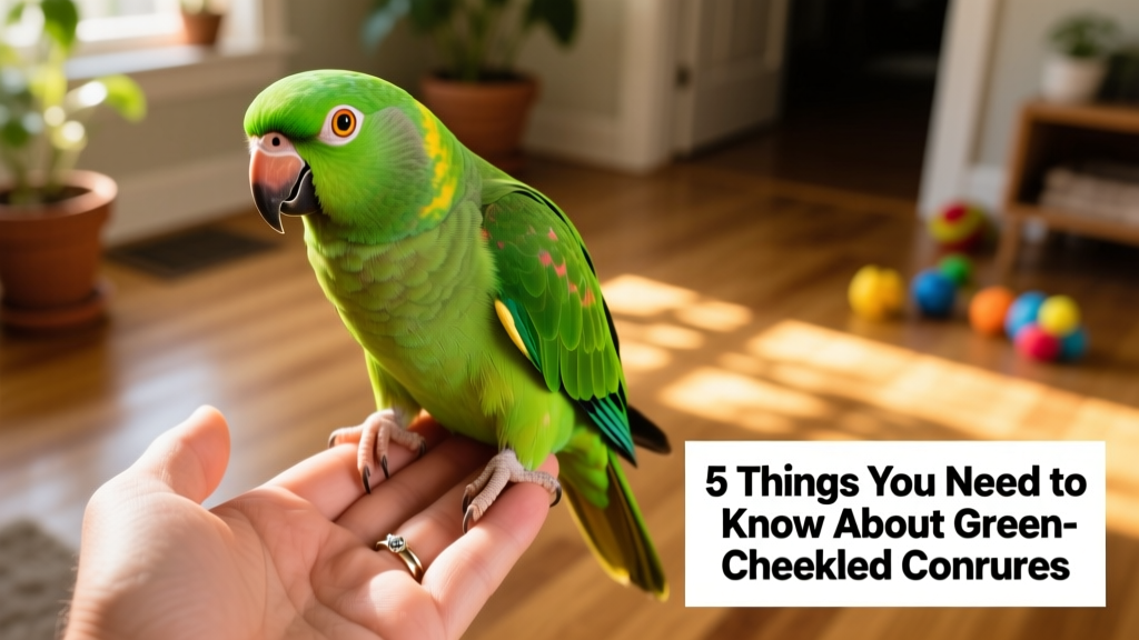 A vibrant green-cheeked conure perched playfully on a hand, showing its expressive eyes and curious posture