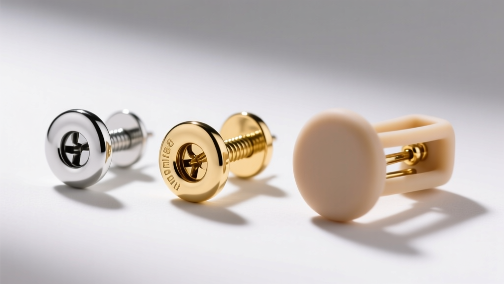 Macro photo of three earring backs: a silver screw-back, a gold spring-clip, and a wide silicone-padded comfort clip