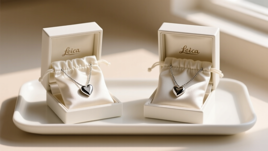 Organized jewelry box showing two separated halves of a magnetic lovers necklace stored in individual anti-tarnish fabric pouches.