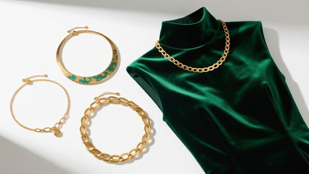 Flat lay of three budget-friendly brass lariat necklaces next to a high-neck velvet dress, top-down view, bright studio lighting