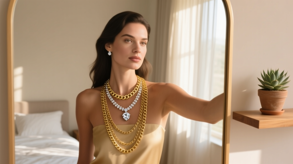 Woman taking a mirror selfie wearing a layered 16-inch gold chain and diamond pendant in soft, diffused natural light.