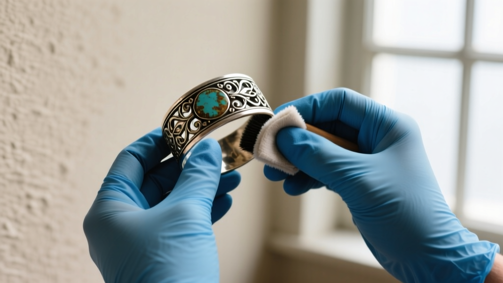 A pair of hands wearing blue nitrile gloves carefully using a soft treated polishing cloth to buff a heavily oxidized vintage silver cuff bracelet