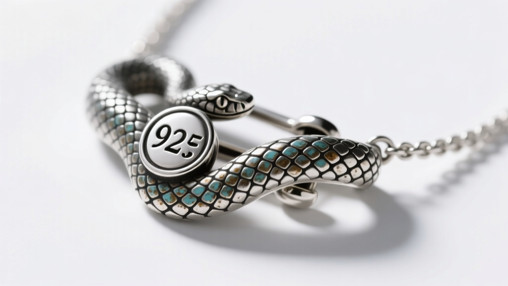 Macro shot of a snake necklace clasp showing an oxidized 925 silver stamp on scale detail against a clean white background