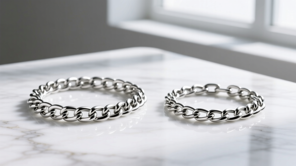 Macro shot of 925 sterling silver curb chain and 316L surgical steel figaro chain side-by-side on a clean white marble surface.