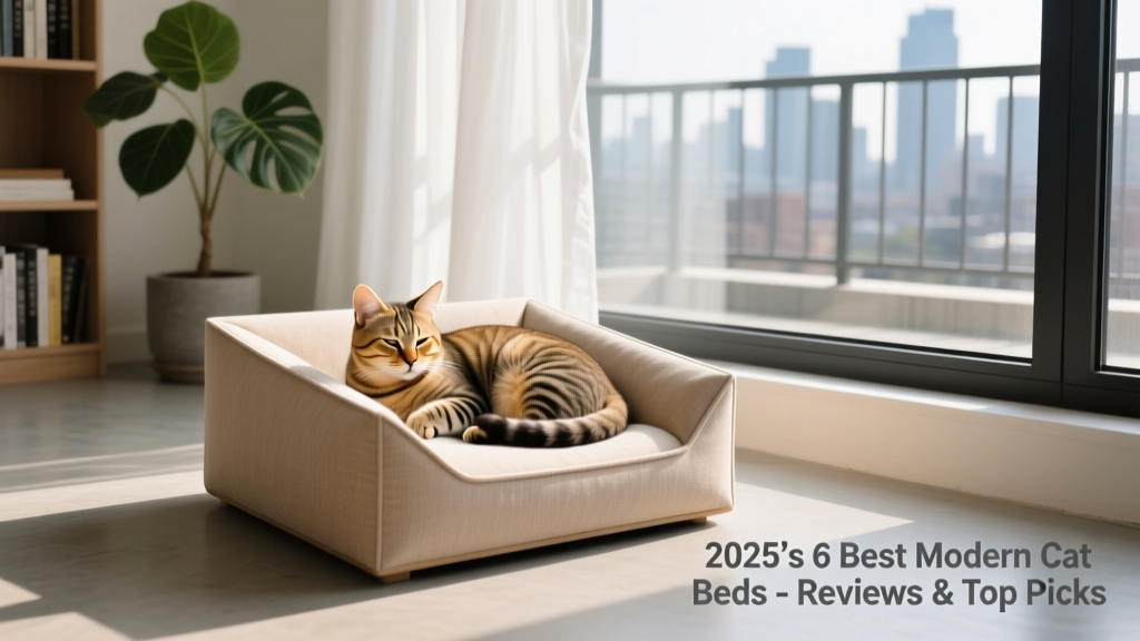 A relaxed cat curled up in a modern, minimalist cat bed beside a sunlit window