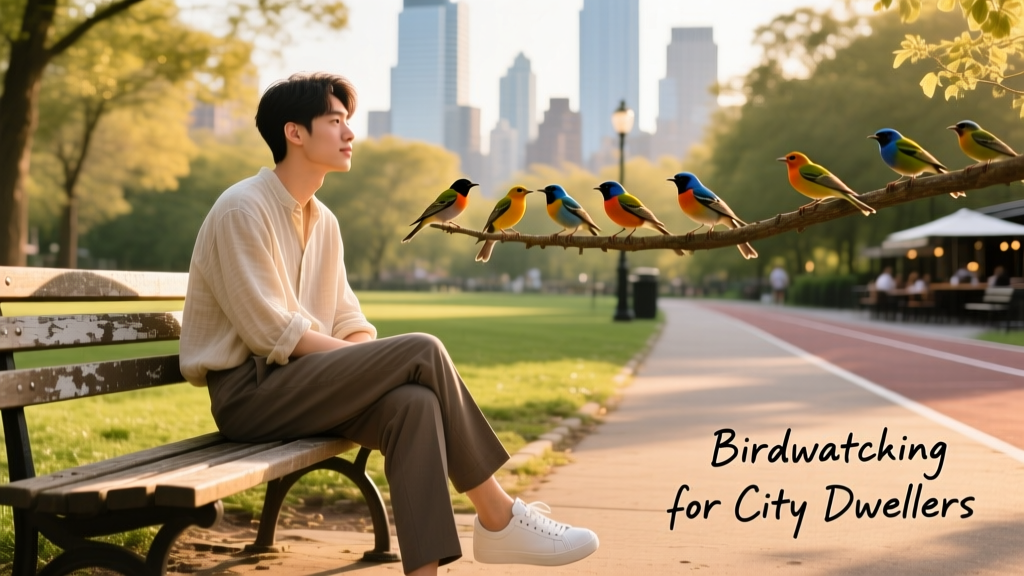 A person in urban clothing quietly observing birds from a park bench in a city green space
