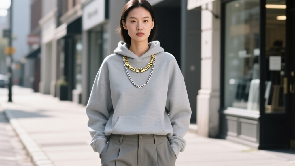 Minimalist streetwear model wearing a small 15mm gold vermeil Brand of Sacrifice necklace layered with a plain silver box chain