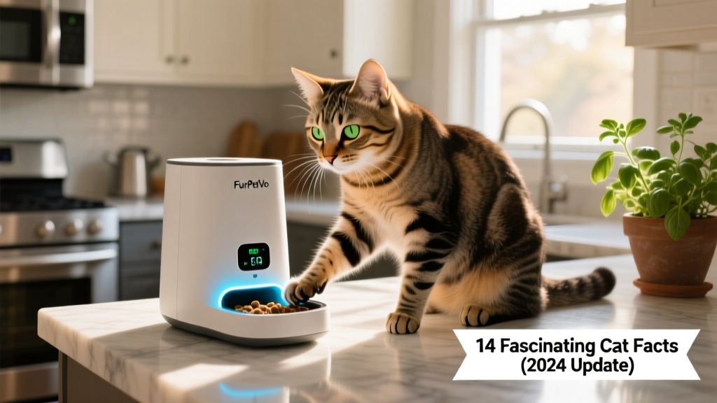 A curious tabby cat interacting with a FurPetVo smart feeder on a kitchen counter