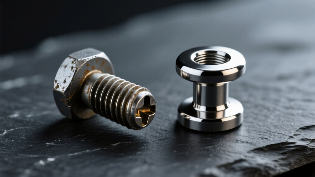 Macro image comparing a dull steel nose screw with a polished titanium threadless stud resting on a dark slate background.