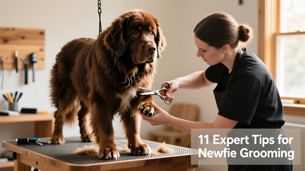 Newfoundland standing calmly while a groomer trims hair between its paw pads with small, rounded scissors