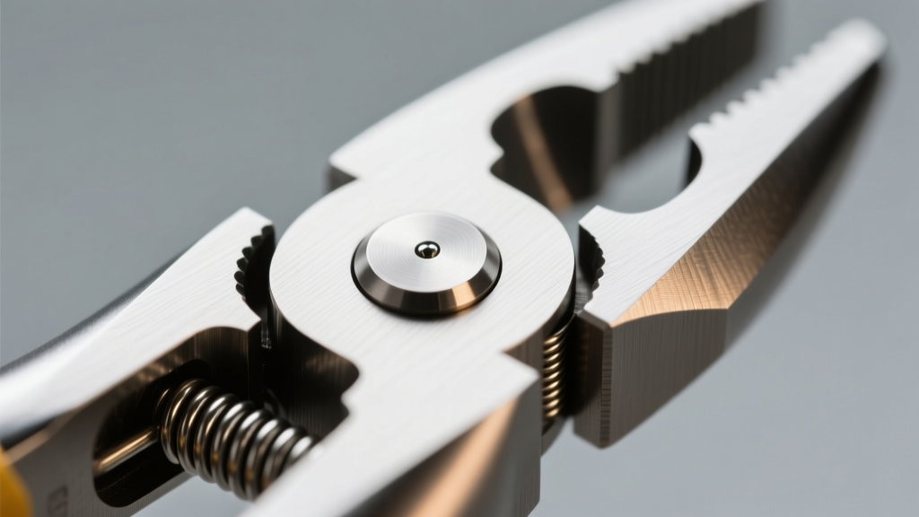 Macro shot of a box joint on stainless steel round nose pliers, revealing the machined pivot pin and internal torsion spring.