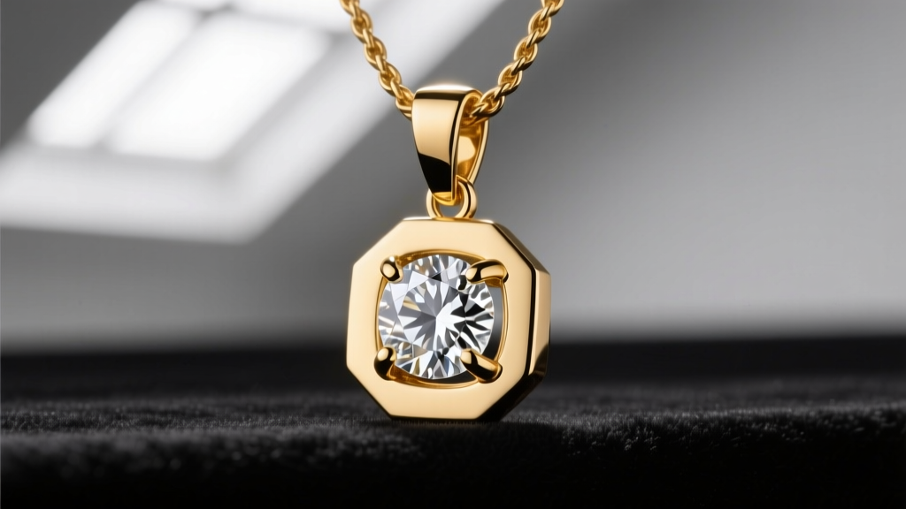 18k gold bezel-set diamond solitaire pendant at a 45-degree angle showing a seamless laser-welded bail connection detail