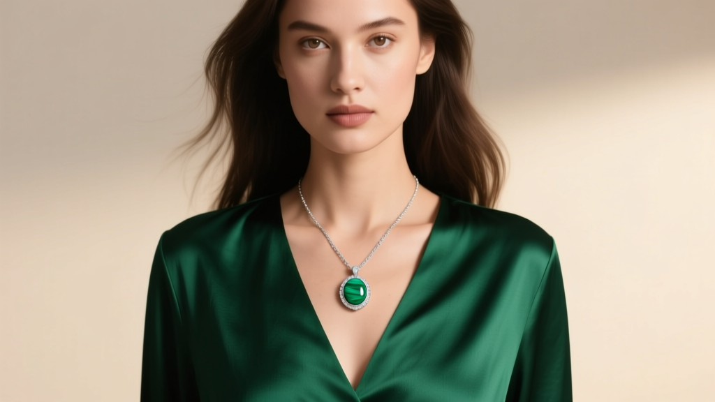 Model wearing a demi-fine silver chain with a 20mm malachite pendant resting on a deep V-neck emerald green silk blouse.