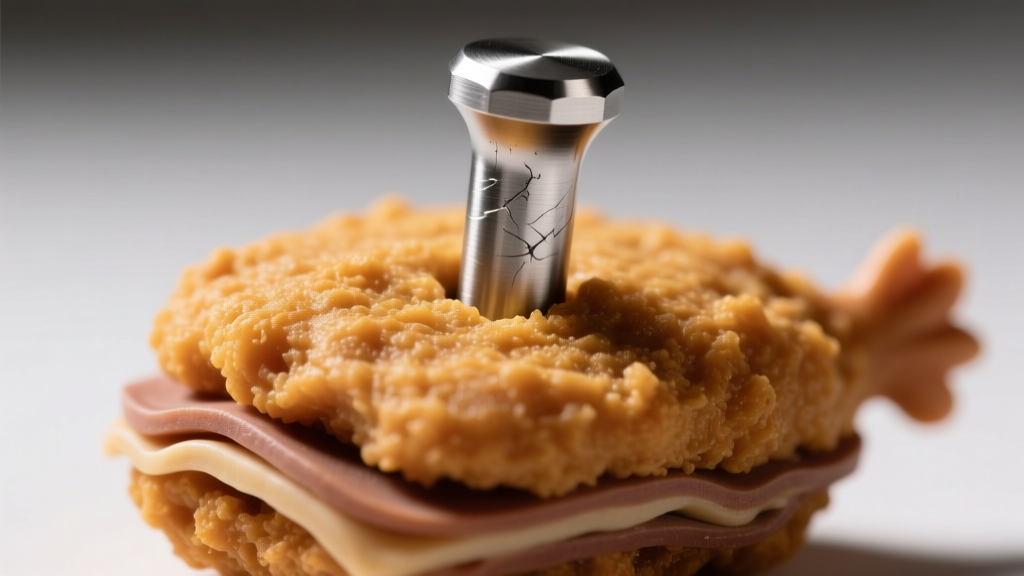 Macro photo of a titanium post securely embedded into a polymer clay chicken nugget, highlighting the metal-to-clay connection