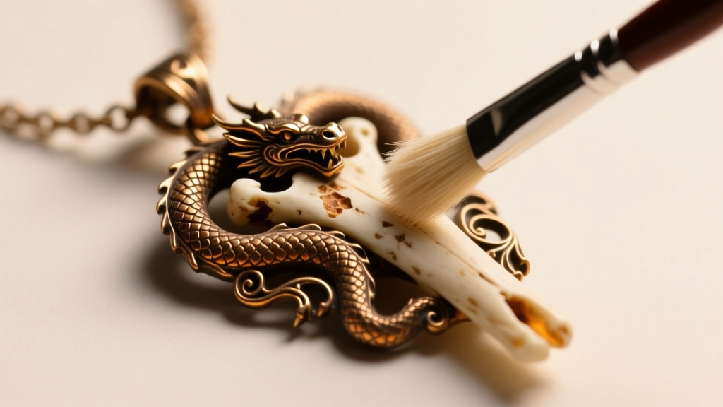 A soft bristle brush gently dusting the intricate crevices of a gothic dragon bone necklace pendant under warm studio lighting.