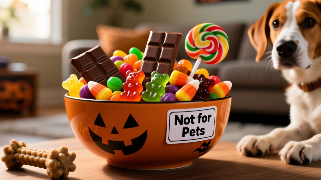 A festive Halloween bowl filled with assorted candies like chocolate bars, gummy bears, and candy corn—clearly labeled 'Not for Pets'