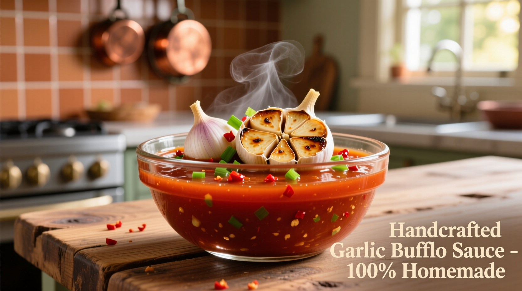 Homemade garlic buffalo sauce in glass bowl with roasted garlic cloves