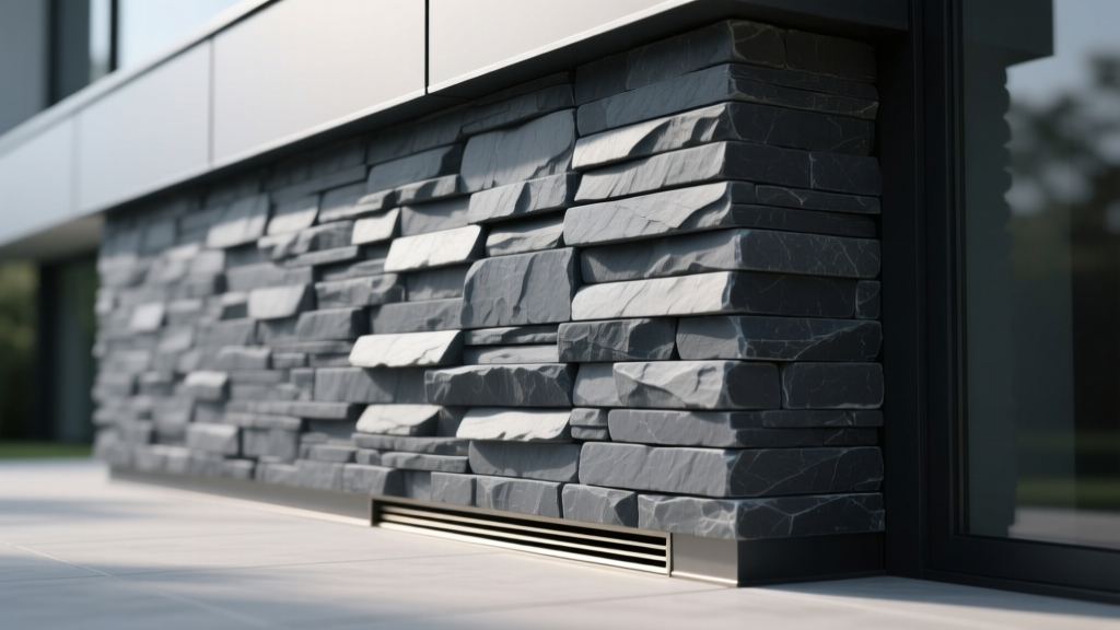 Close-up of dry-stack ledger stone veneer panels in charcoal grey on a modern exterior wall with hidden weep screed flashing at the base